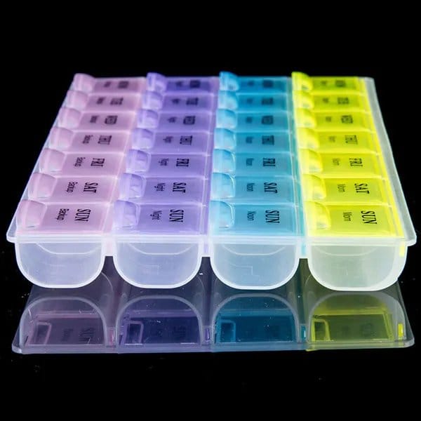 2026/02/1000174557.jpg Plastic medicine box 7 days a week 28 grid 7 days medicine box 7 color travel classification compartment medicine box Health Care small medicine box - Image 1