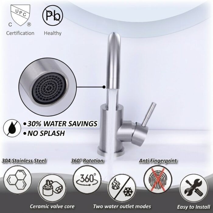 Moving Pillar Cock Chrome Nickel Bathroom Faucet for Basin, Sink 1 Hole Bar Faucet Single Hole Single Handle Vanity Faucet 360 Swivel Spout - Image 2